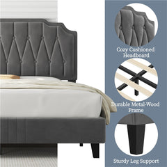 Costoffs Double/King Bed Frame Upholstered Platform Bed with Adjustable Button Tufted Headboard/Velvet Fabric/Mattress Foundation/Sturdy Wooden Slat Support, No Box Spring Needed, Black/Beige/Dark Grey/Light Grey