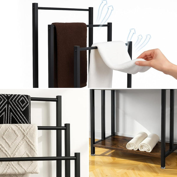 57X28X83CM Towel Rack Freestanding Towel Rack Industrial Metal 3-Bar Towel Rail with Storage Shelf Anti-Slip Feet Free Standing Towel Rail for Bathroom Drying Stand for Bath Hand Towels Quilt Blanket