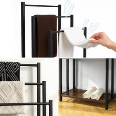 57X28X83CM Towel Rack Freestanding Towel Rack Industrial Metal 3-Bar Towel Rail with Storage Shelf Anti-Slip Feet Free Standing Towel Rail for Bathroom Drying Stand for Bath Hand Towels Quilt Blanket
