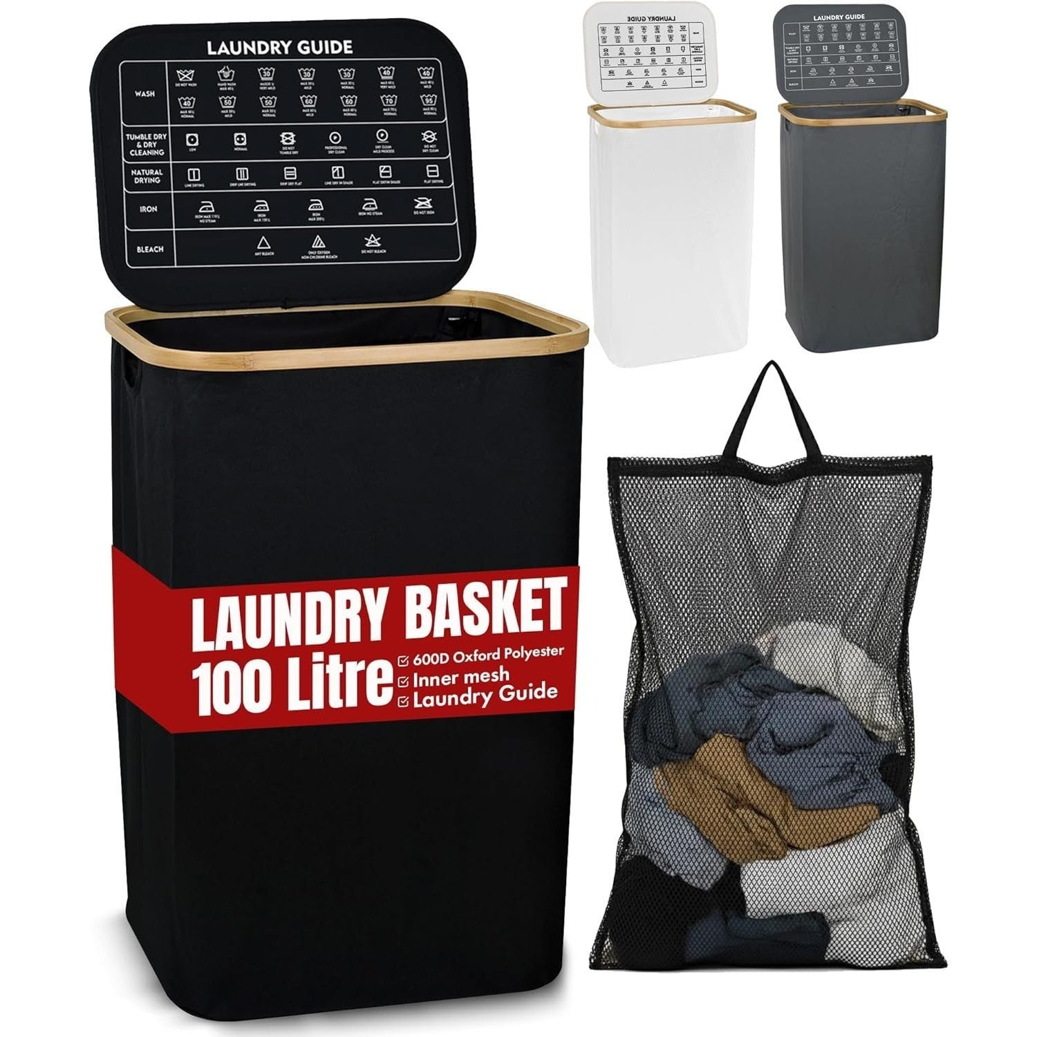 LKH Laundry Basket with Lid 100 litre | 600D Polyester Clothes Hamper for Laundry with Bamboo handles, Laundry Guide & Inner Mesh Bag | 44x33x70cm Laundry Basket Organizer for Dorm Laundry Room