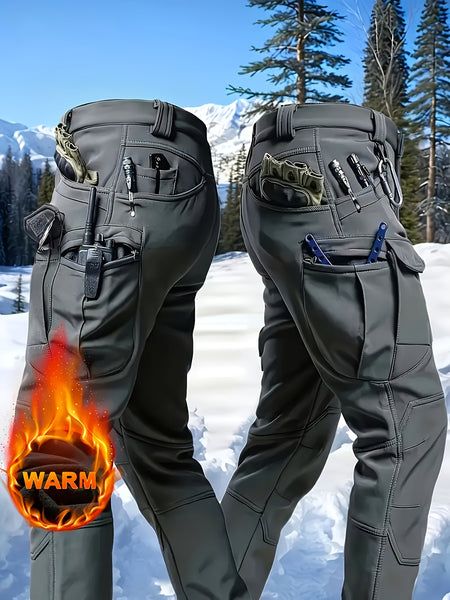 1PC Men's -Lined Warm Tactical Cargo Pants, Thick Winter Style, Multi-Pocket, Windproof Snowproof, Micro-Stretch Fabric, Suitable for Outdoor Hiking, Fishing, Casual Outings, No Belt