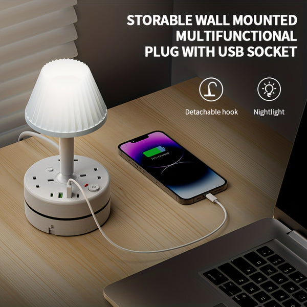 A 3-port Power Board/power Socket/power Strip with 2 USB-A And 2 USB-C Ports, Equipped with A Desk Lamp, Compatible with 220V-240V, Maximum Power 3250W, 13A, 1.8m Cable, Suitable for Home, Kitchen, Outdoor, Hotel, Office, Cruise Vacation