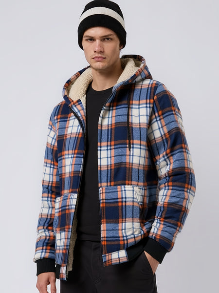 Men's Heavyweight -Lined Hooded Jacket - Full-Zip Plaid Thickened Shirt with Pockets and Adjustable Drawstring, Comfortable and Warm for Autumn and Winter