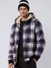 Men's Heavyweight -Lined Hooded Jacket - Full-Zip Plaid Thickened Shirt with Pockets and Adjustable Drawstring, Comfortable and Warm for Autumn and Winter