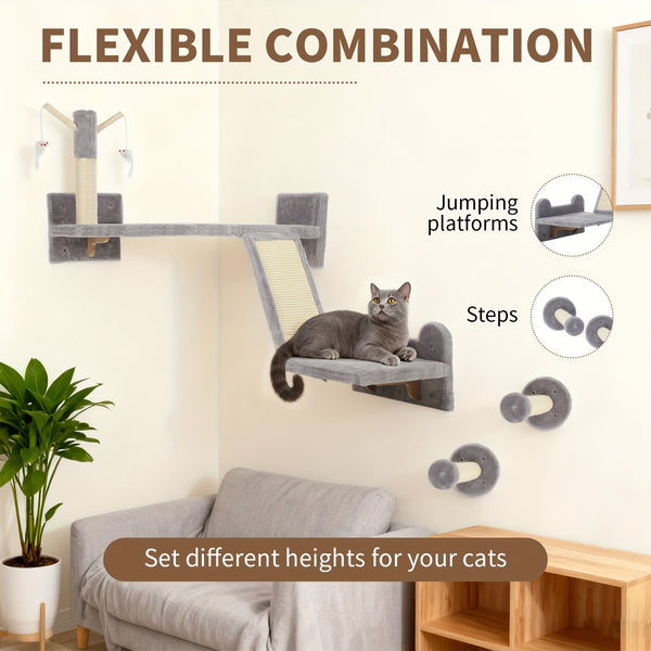 Pet Wall Furniture, 3pcs Cat Shelves with Scratching Posts, Scratching Pads, Perches, Cat Wands, Toy Balls, Corner Design Cat Wall Shelves for Indoor Cats, Kittens, Light Grey