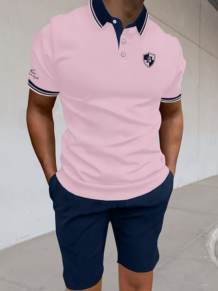 Men'S Polo Shirt Fashion Casual Set Pique Mesh Letter Pattern Top And Bottom