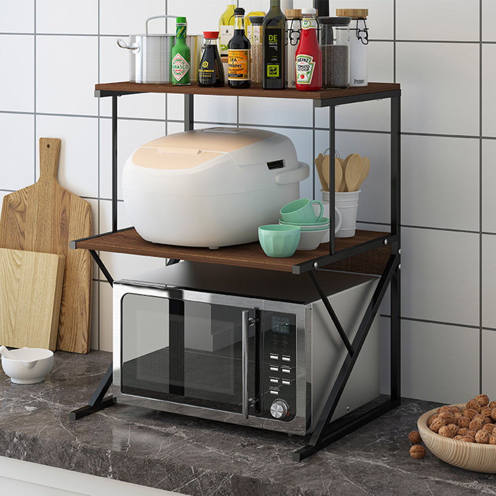 2-Tier Microwave Oven Shelf Stand, Kitchen Countertop Storage Rack Spices Rack Freestanding, Home Office Printer Stand Multifunctional Unit Shelving Wood Top Metal Frame