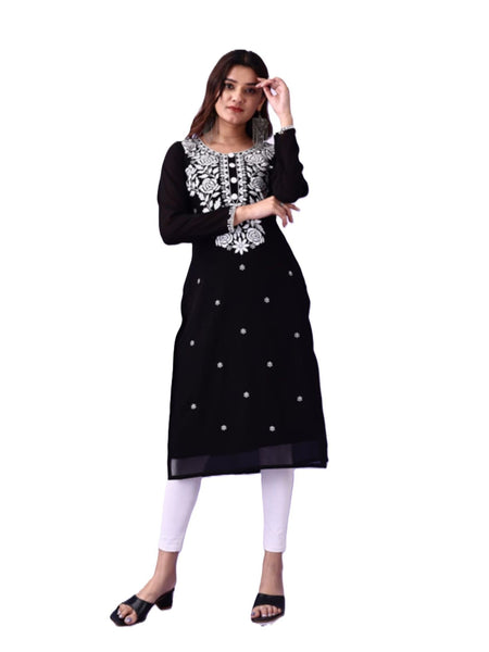 Estationeryhouse Women's Georgette Lucknowi chikankari kurti, Rose Design with Heavy Embroidery, Without Bottom
