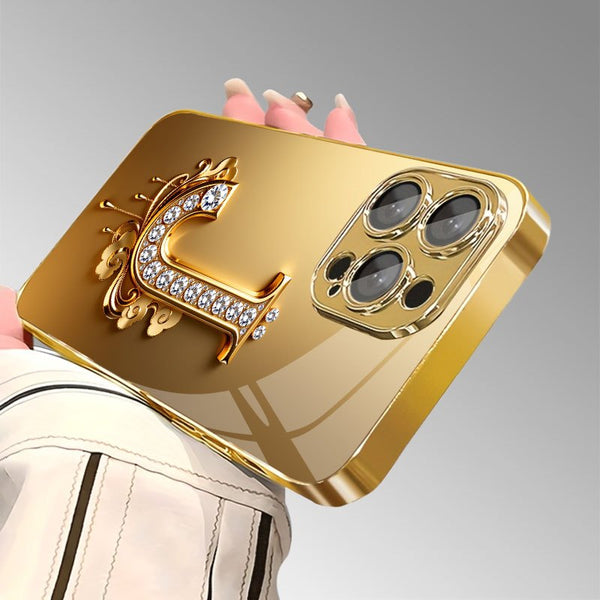 Phone Case: Phone Case - Diamond-Studded And Decorated Golden Letter J Pattern Electroplated Glass Phone Case for iPhone 17 Air/16/15/14/13/12/11/Plus/Pro/Pro Max and Galaxy S, A Series/S22/S23/S24 FE/S25/S26 ULTRA PLUS.It Is the First Choice of Gift