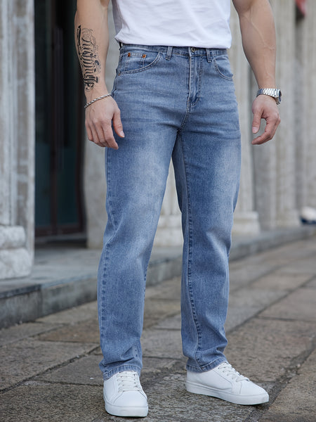 2025 Spring/Summer New Men's Light  Washed Faded Embroidered Slim-Fit Versatile Trendy Stretch Jeans