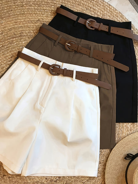 Elegant Women'S Three-Piece Set, Solid Color Shorts with Zipper Pockets, Four Seasons Casual Formal Wear, Beige, Black, Brown, Comfortable Fabric