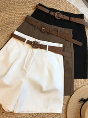 Elegant Women'S Three-Piece Set, Solid Color Shorts with Zipper Pockets, Four Seasons Casual Formal Wear, Beige, Black, Brown, Comfortable Fabric