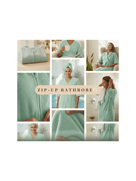 Women’s Zip-Up Cotton Bathrobe – Soft Terry Towelling Dressing Gown, Absorbent Towel Robe for Home & Spa Use