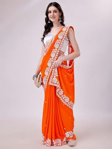 Estationeryhouse Women's Georgette Embroidery Border Work Designer Saree with Blouse Piece