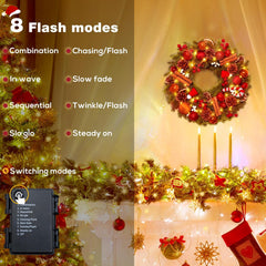 Christmas Wreath, 40Cm/16Inch Battery Powered Christmas Door Wreaths with 40Leds, Artificial Xmas Wreaths with Timer Function 8 Modes for Front Door Fireplace Festival Wall Decoration