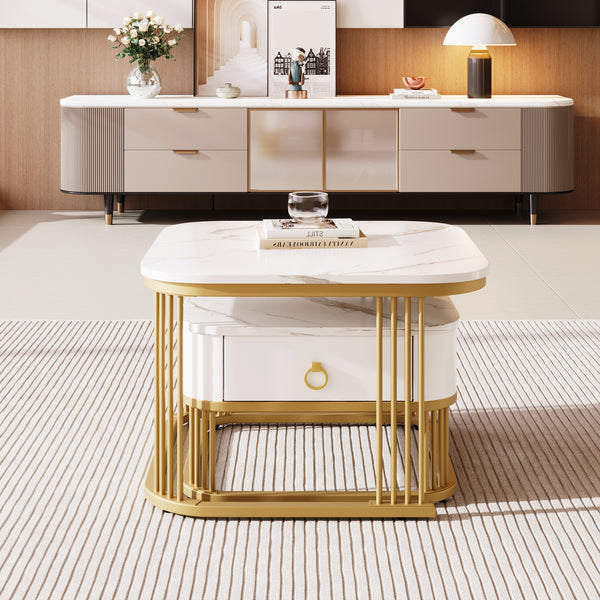 Modern Pedestal Base Space Saving Coffee Table Set of Two, Engineered Wood and Artificial Board Construction, Hardwood, Black Finish, High Gloss Stone Table Top, Metal Golden Accents, with Drawer, Without Electricity, Battery Free.