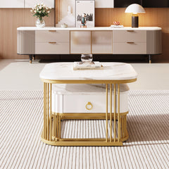 Modern Pedestal Base Space Saving Coffee Table Set of Two, Engineered Wood and Artificial Board Construction, Hardwood, Black Finish, High Gloss Stone Table Top, Metal Golden Accents, with Drawer, Without Electricity, Battery Free.