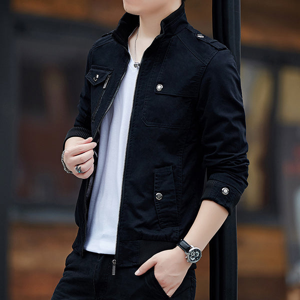 Men'S Solid Color Plaid Lining Cargo Jacket Autumn And Winter Multi-Pocket Design Stylish Long Sleeve Stand Collar Street Jacket Outdoor Coat Locomotive Jacket