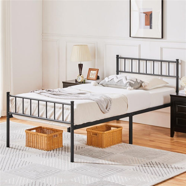 Costoffs Metal Bed Frame, Single/Double Size Bed Platform with Slatted Headboard and Footboard, Solid Slat Support, Large Storage Space, Easy Assembly Bed, Modern Mattress Foundation, Black/White/Pink/Silver