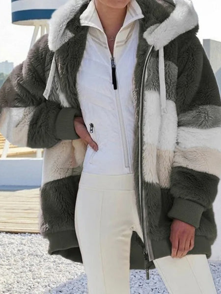Women's Oversized Plush Flocking Jacket with Hood & Fur-Like Collar - Beige/Brown/Black/White Color-Block, Loose Fit Winter Coat, Drawstring Waist & Plush Pockets, Casual Streetwear Outerwear for Fall and Winter (Dry Clean Only), Seasonal Fashion, Colorbl