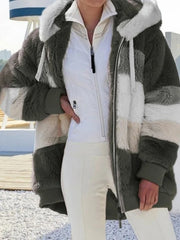 Women's Oversized Plush Flocking Jacket with Hood & Fur-Like Collar - Beige/Brown/Black/White Color-Block, Loose Fit Winter Coat, Drawstring Waist & Plush Pockets, Casual Streetwear Outerwear for Fall and Winter (Dry Clean Only), Seasonal Fashion, Colorbl