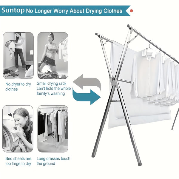A Stainless Steel Foldable Clothes Drying Rack with Retractable Adjustable Double Bars And A Multi-Functional Drying Rack Suitable for Indoor And Outdoor Use. for Clothes, Quilts, And Bedding, It Provides Space-Saving Storage, Decoration