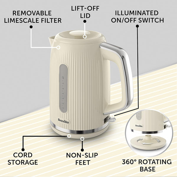Breville Bold Vanilla Cream Electric Kettle | 1.7L | 3Kw Fast Boil | Cream & Silver Chrome [VKT223]