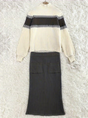 Chic Women's Ribbed Two-Piece Set: Color Block Sweater& Midi Skirt- Comfortable, Shaping Casual Wear for Fashion-Forward Ladies