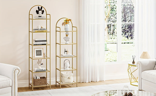 Bookcase Bookshelf, Tempered Glass Bookshelves, Slim Shelving Unit for Bedroom, Bathroom, Home Office, Steel Frame, 6 Tier Golden, Standing Shelf