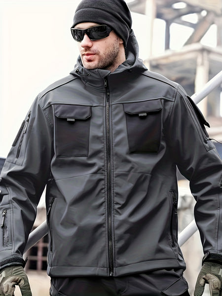 Men'S Fleece Warm Softshell Jacket Outdoor Camping Mountaineering Skiing Hiking Jacket Multi-Pocket Hooded Tactical Coat Autumn And Winter Workwear