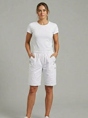 Women'S Casual Elastic Waist Cargo Shorts Lightweight Summer Knee Length Shorts, Multi Pocket Outdoor Walking Shorts Comfortable Relaxed Fit Shorts for Travel Holiday and Daily Wear Breathable Soft Fabric Pull On Shorts Practical Zip Pocket Design Versati