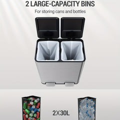 Kitchen Bin, (2 X 30L) 60L Recycling Bins, Pedal Bin with Lid, Stainless Steel Kitchen Bins Recycling And Waste, Silent Slow-Down Closing Lid, with 15 Exclusive Trash Bags, Silvery