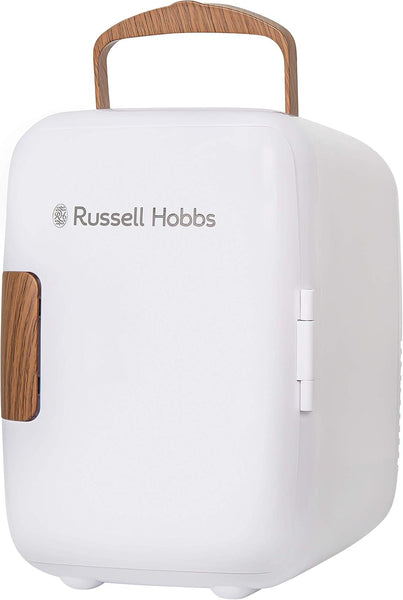 Russell Hobbs RH4CLR1001SCG 4L/6 Can Mini Portable Cooler & Warmer for Drinks, Cosmetics/Makeup/Skincare, AC/DC Power, Scandi Style, Grey & Wood Effect, for Bedroom, Home, Caravan, Car