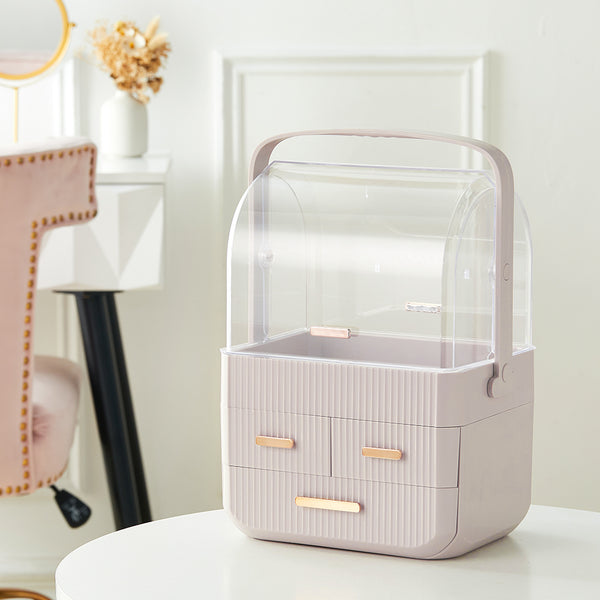 3-Tier Pink Jewelry Storage Box with Protective Lids, Plastic Makeup Organizer Features Multi-Drawer System, Desktop Display Case 24.6x18.6x35.3cm Perfect for Organizing Lipsticks, Cosmetics and Jewelry Pieces on Bathroom Counter and Dresser Top
