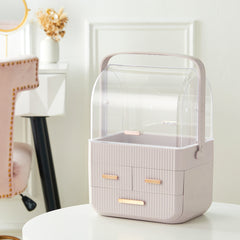 3-Tier Pink Jewelry Storage Box with Protective Lids, Plastic Makeup Organizer Features Multi-Drawer System, Desktop Display Case 24.6x18.6x35.3cm Perfect for Organizing Lipsticks, Cosmetics and Jewelry Pieces on Bathroom Counter and Dresser Top