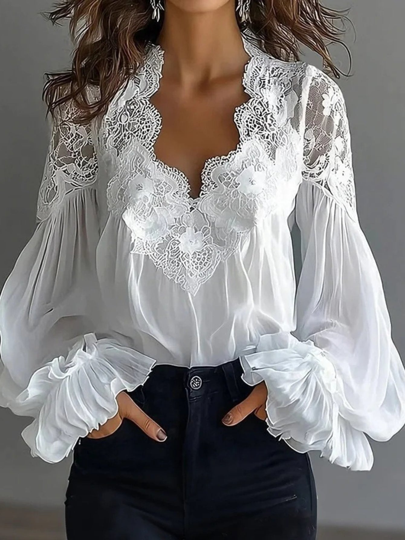 Women'S 2026 Lace Patchwork Pleated Shirt with Puff Sleeves