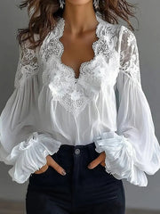Women'S 2026 Lace Patchwork Pleated Shirt with Puff Sleeves