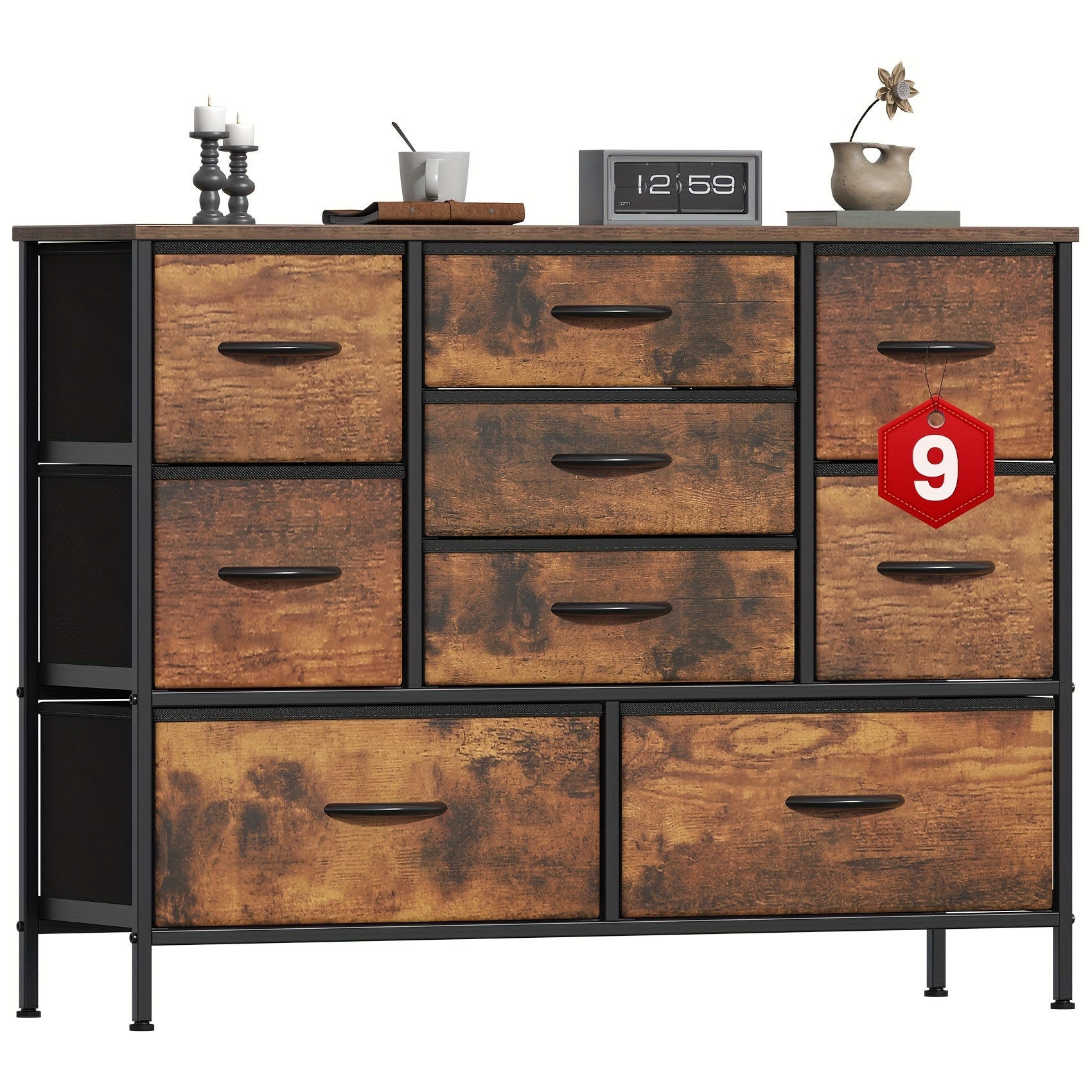 Stylish Large 9 Drawers Dresser with Durable Metal Frame, Scratch-Resistant MDF Top, And Spacious Fabric Drawers - Tall Chest Of DrawersPerfect for Elegant Bedroom, Cozy Living Room Or Functional Office Use