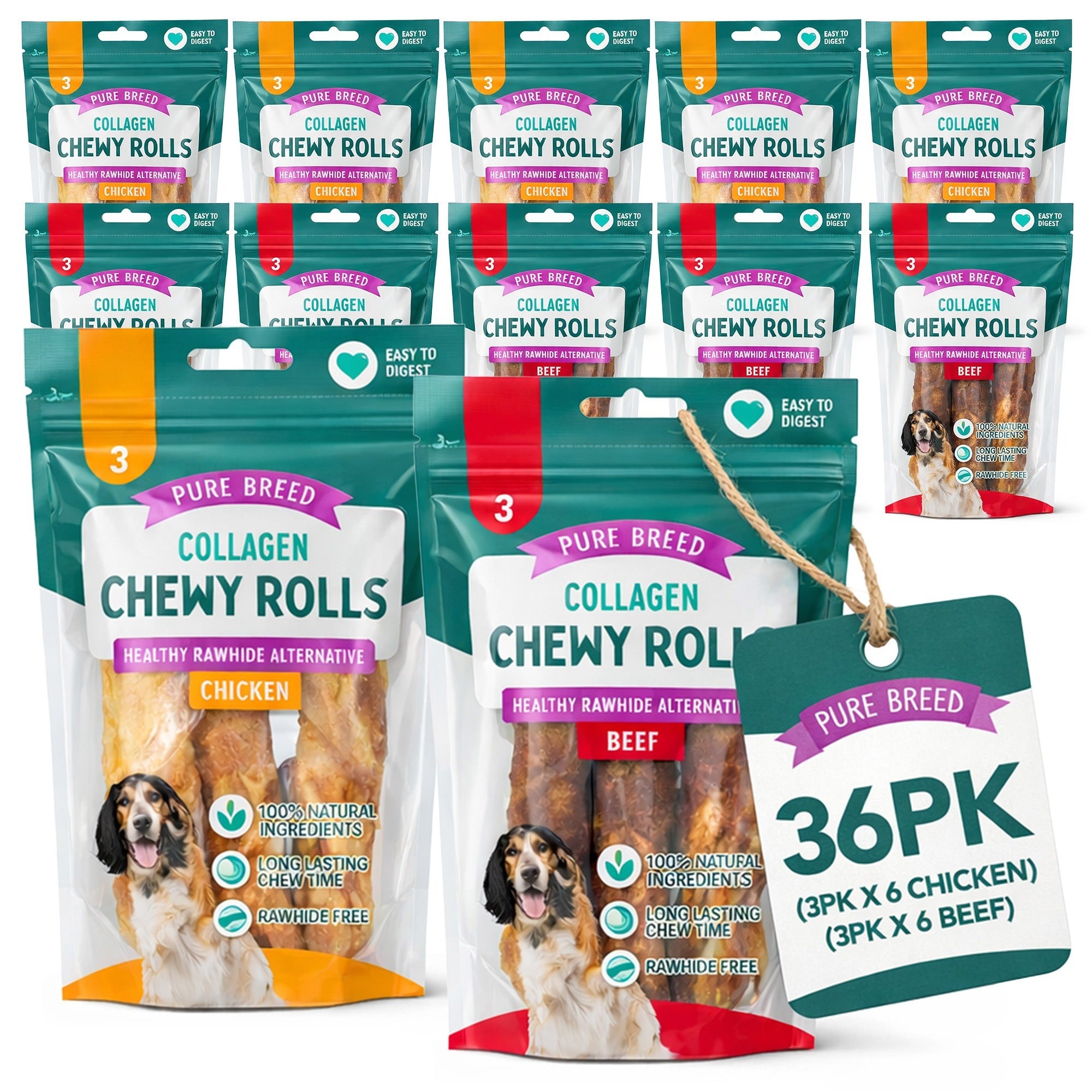 Pure Breed 36 Pack Collagen Dog Chews | Rawhide Free Collagen Chewy Rolls Chicken & Beef | Long Lasting Natural Dog Chews | Easy to Digest Bulk Dog Treats