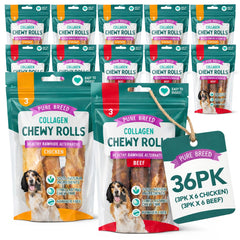 Pure Breed 36 Pack Collagen Dog Chews | Rawhide Free Collagen Chewy Rolls Chicken & Beef | Long Lasting Natural Dog Chews | Easy to Digest Bulk Dog Treats