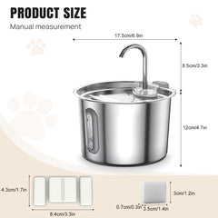 2.2L Cat Water Fountain for Drinking, Quiet Pet Water Dispenser Stainless Steel, Automatic Cat Water Bowl Cat Fountain with LED Light and Water Level Window, Cat Drinking Fountain with 2pcs Filters and Sponges