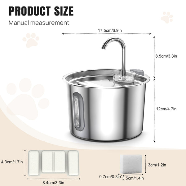 2.2L Cat Water Fountain for Drinking, Quiet Pet Water Dispenser Stainless Steel, Automatic Cat Water Bowl Cat Fountain with LED Light and Water Level Window, Cat Drinking Fountain with 2pcs Filters and Sponges