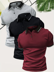 3pcs Set of Summer Collared Men'S Short Sleeve Polo Shirts Solid Color Plain Multicolor Golf Shirts Casual Athletic Wear Men'S Top