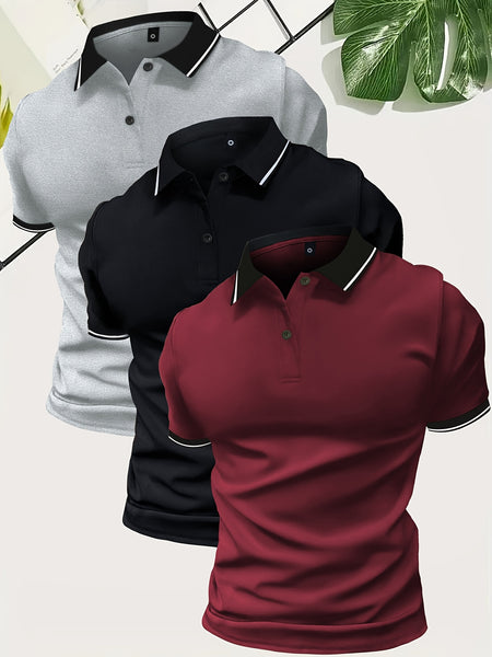 3pcs Set of Summer Collared Men'S Short Sleeve Polo Shirts Solid Color Plain Multicolor Golf Shirts Casual Athletic Wear Men'S Top