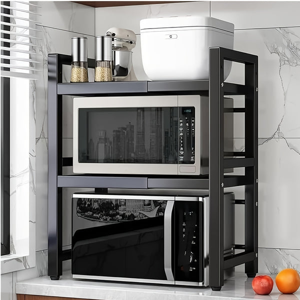 3-Tier Expandable Microwave Oven Rack with 6 Hooks And 3 Towel Racks, Includes a Chopstick Holder, Cutting Board Holder, Spice Rack, And Kitchen Storage Rack. Suitable for Kitchens, Offices, And Storage Rooms. Extends 40-64 Cm (Black, White)