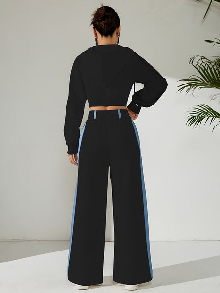 Women'S Suit Featuring a Two-Piece Set with Contrasting Colors, a Short Zip-Up Jacket with Long Sleeves for Spring And Autumn, Paired with Straight-Cut Elegant Casual Pants