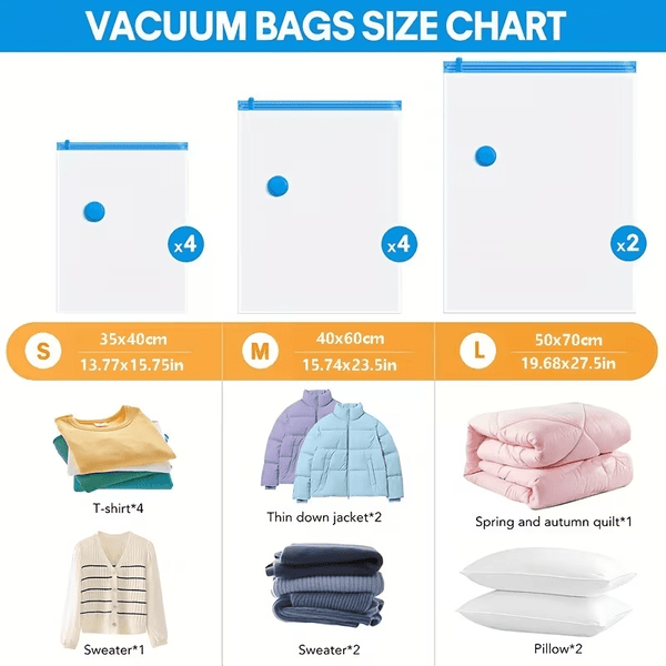 11pcs Vacuum Compression Storage Bags Set with Portable Hand Pump - Large + Medium + Small + Hand Pump - Suitable for Bedding, Clothes, Travel Essentials, Luggage Vacuum Seal Bags, Thickened Material, No Electricity Required