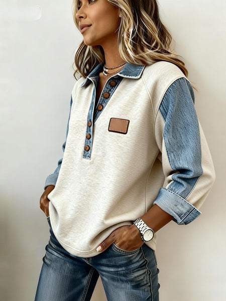 Women'S Colour-Block Denim Collar Top | Loose-fit Long-sleeved Half-buttoned Drop-shoulder Top with Retro-style Label Embellished, Ideal for Everyday Outings, Light Commuting, Relaxed Dates, and Vintage-inspired Leisure Looks | Slight Stretch Fabric