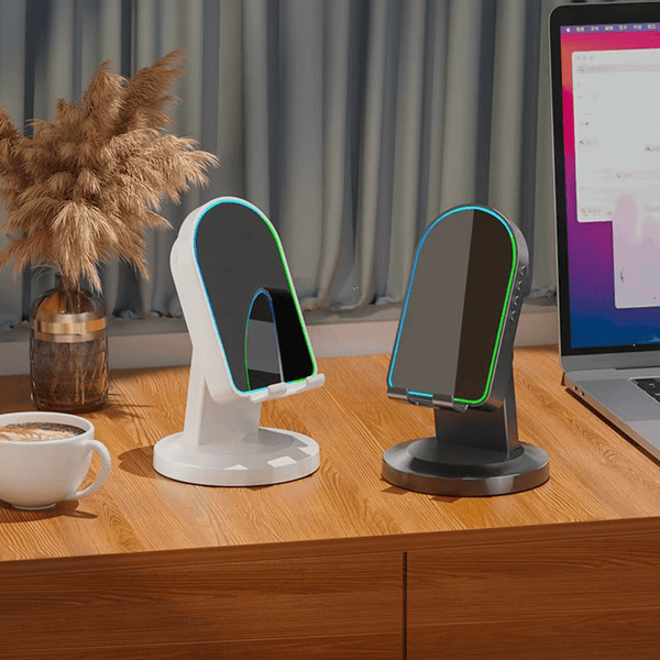 Wireless Induction Speaker Dock with Bluetooth Connection, Vertical Phone Holder, Ambient Lighting, Portable Design