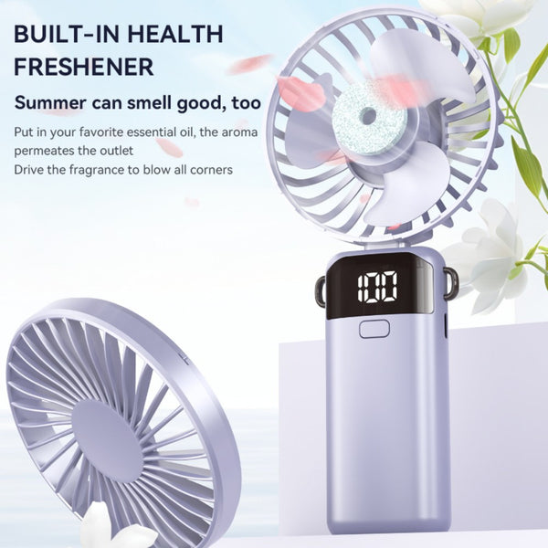 4-in-1 Foldable Mini Handheld Fan with LED Digital Display, Neck Lanyard & Aromatherapy – USB Rechargeable Portable Cooling Fan for Office, Travel, Outdoor & Daily Use – Lightweight, Quiet, 5-Speed Adjustable, Long Battery Life
